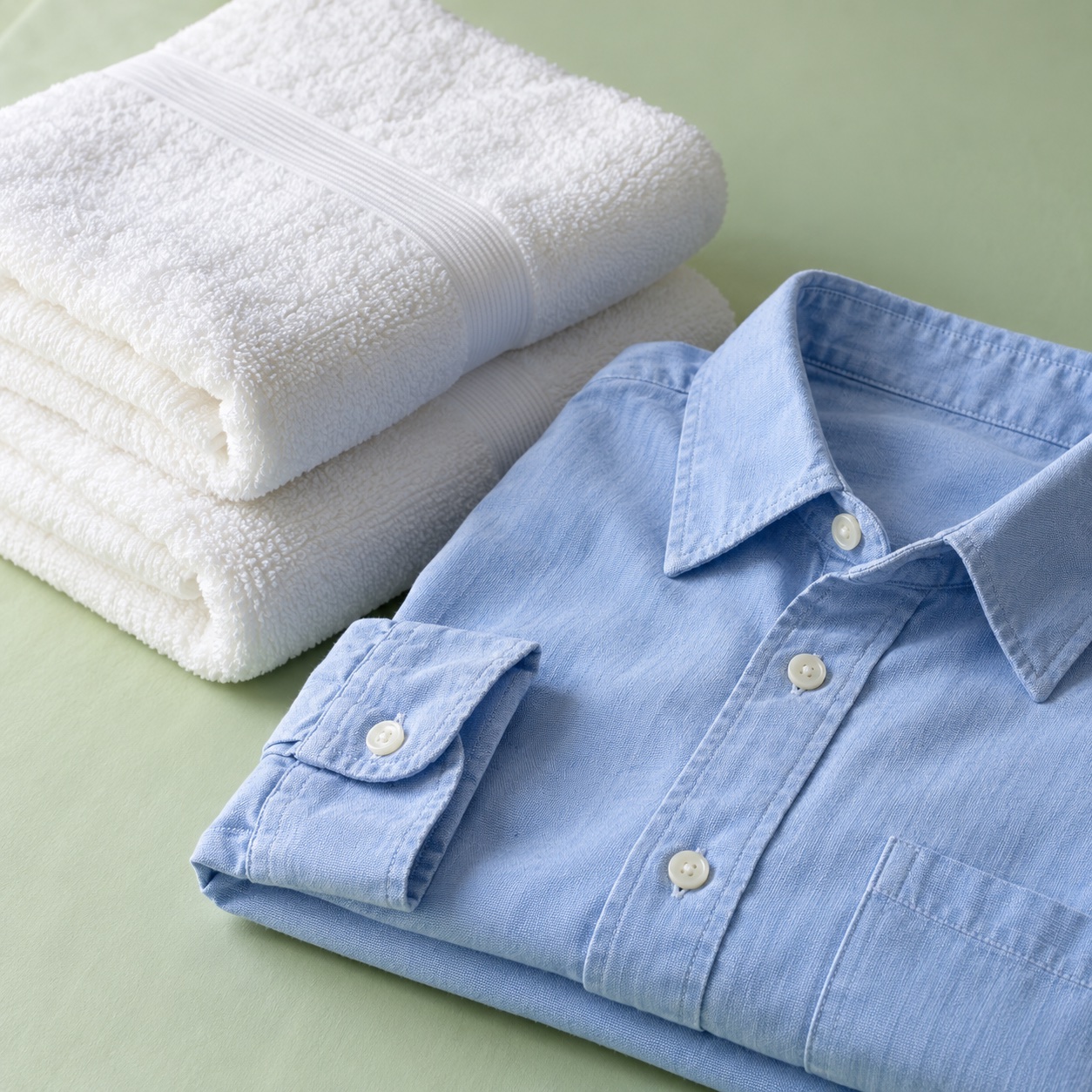 Illustrative study of folded white towels and a blue cotton shirt